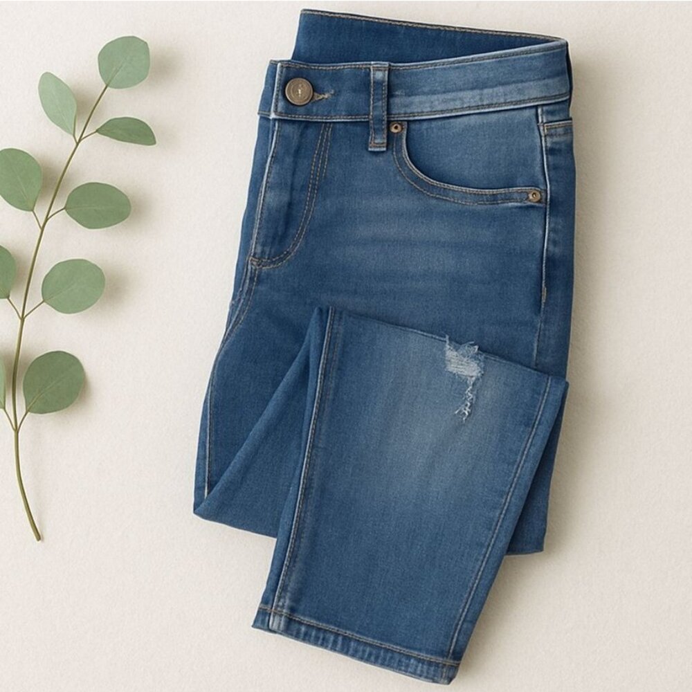 Cleo Womens Skinny Distressed Jeans Size 9 Blue Rip Mid Rise Rhinestone Button